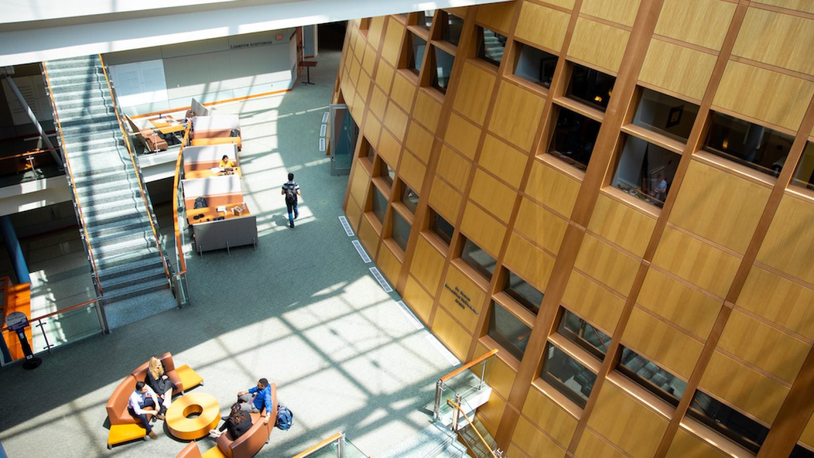 Image displays an aerial view of the inside of the McDonough School of Business