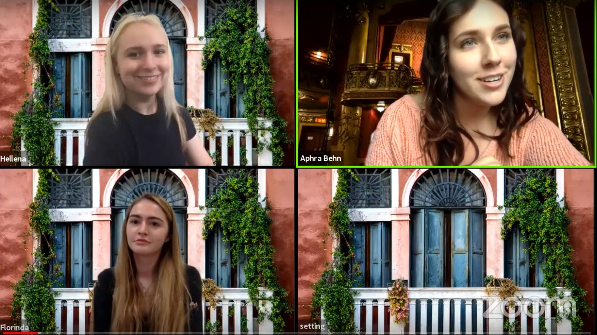 Zoom Screen view of three women with theatrical backgrounds.